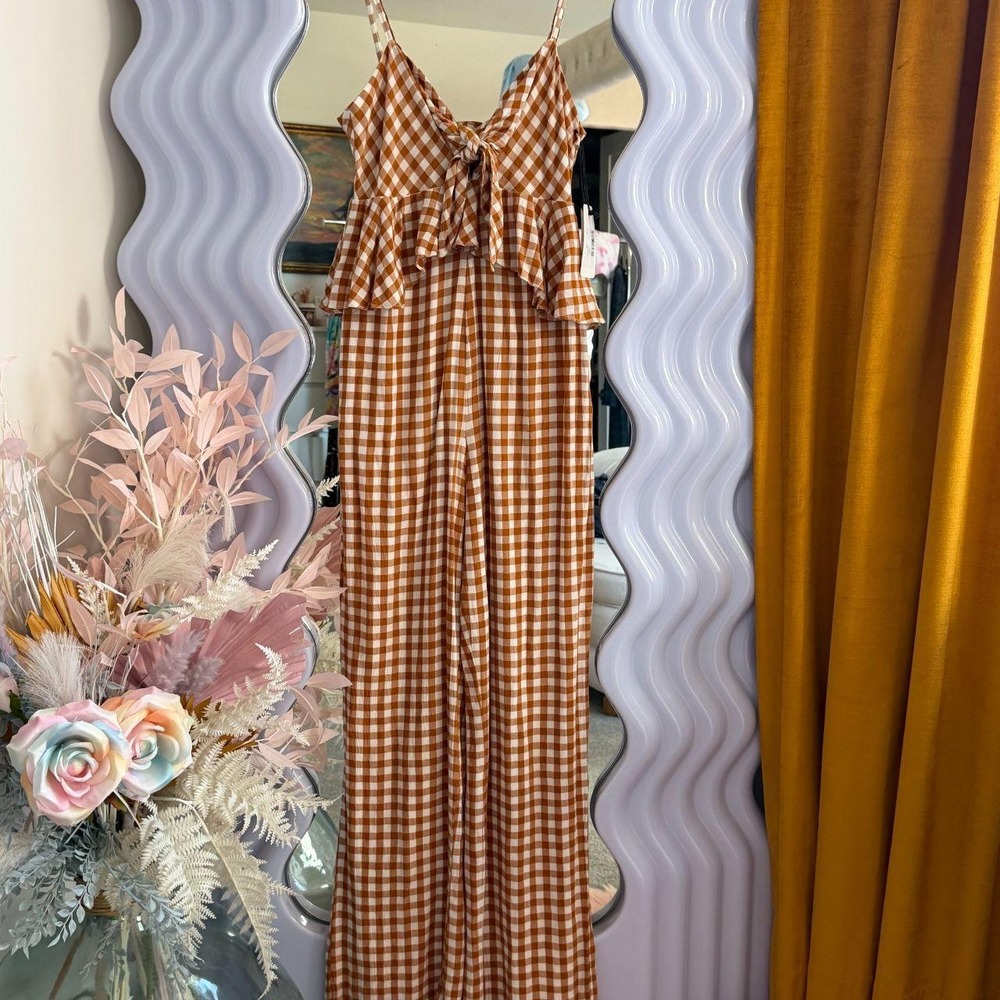 Saylor Laken Apricot Gingham Wide Leg Jumpsuit Womens XS New